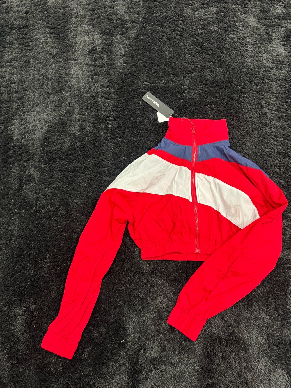 Fashion Nova Red Cropped Colorblock Bomber with White & Blue Panels